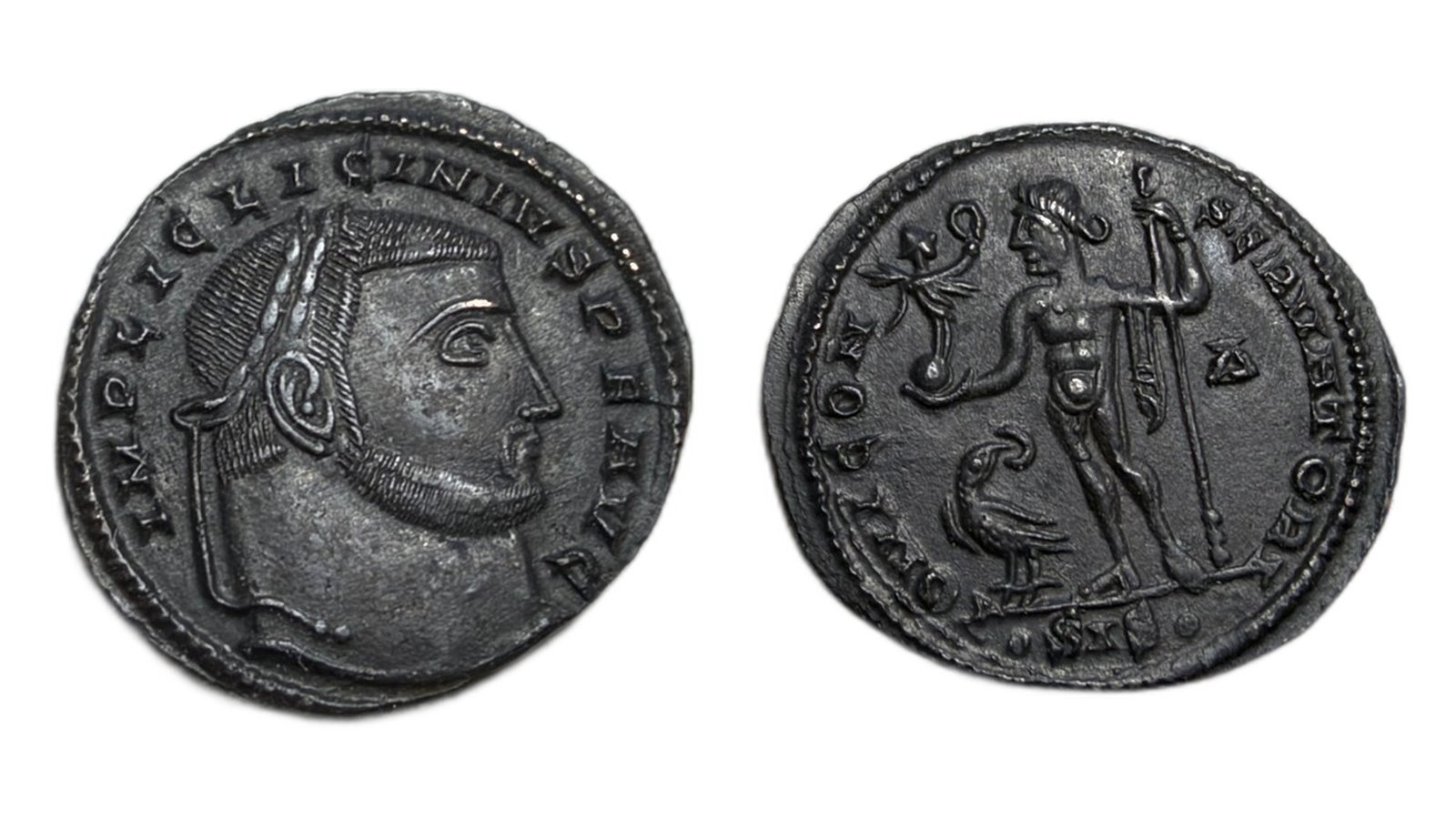 Both sides of the Licinius I follis side by side on a clean white background