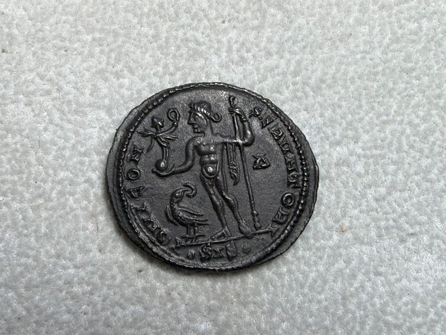 Photo of the reverse of the same coin on grey cloth