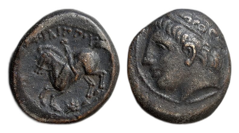 Greek bronze with a horseman, both sides