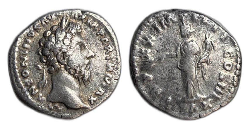 Marcus Aurelius denarius, both sides